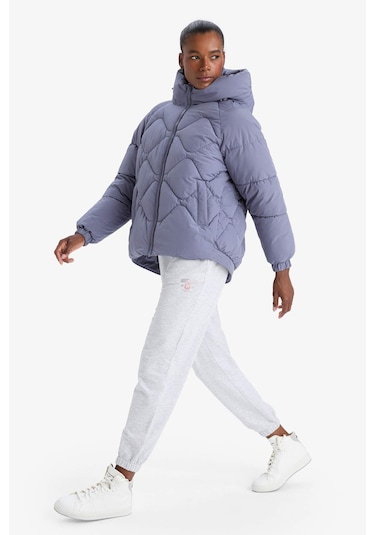 Defacto Defactofit Su İtici Oversize Fit Geniş Kalıp Kapüşonlu Fermuarlı Cepli Şişme Mont E9260ax25aupr492 Mor-pr492