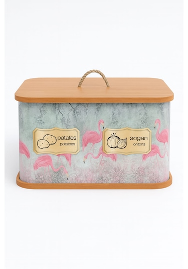 Dekorasyaa 2 Bölmeli Patates Soğanlık - Bambu - Dikdörtgen Flamingo Desen Pembe
