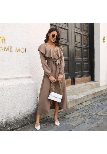 Gmxıa Kadın Moda Yaz Bahar Düz Renk Baskı Uzun Kollu V Yaka Yüksek Bel Günlük Elbiseler Haki Gmxıa Kadın Moda Yaz Bahar Düz Renk Baskı Uzun Kollu V Yaka Yüksek Bel Günlük Elbiseler Haki