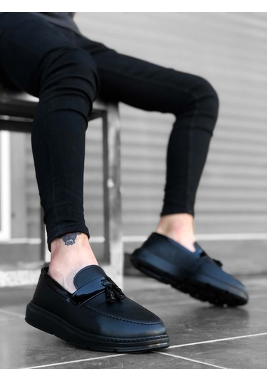 BA0005 Bağcıksız Yüksek Taban Klasik Siyah Parlak Kuşaklı Püsküllü Erkek Ayakkabı