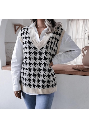 Kazak Yelek Kadın V Boyun Örme Yelek Streetwear Sonbahar Kış Vintage Giyim Rahat Gevşek Kolsuz Kazak Bej