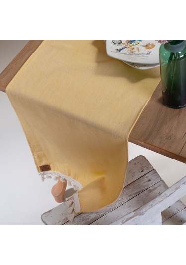 Vivamaison Sarı Düz Püsküllü Pamuk Kumaş 45X150 CM Runner