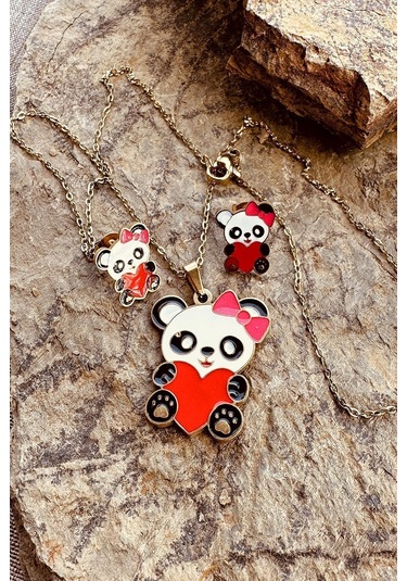 Kalpli Panda Model Mineli Gold Altın Renk Paslanmaz Çelik Kolye Küpe Set