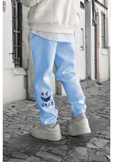 Smile Face Bebe Mavisi Jogger Eşofman Altı - Paça Baskı Detaylı Lastik Paça Baskılı Rahat Tarz Bebe Mavisi
