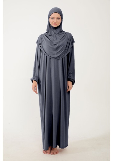 Kadın Tesettür Pamuklu Başörtülü Namaz Elbisesi Dantelli Tek Parça Penye Kumaş Füme