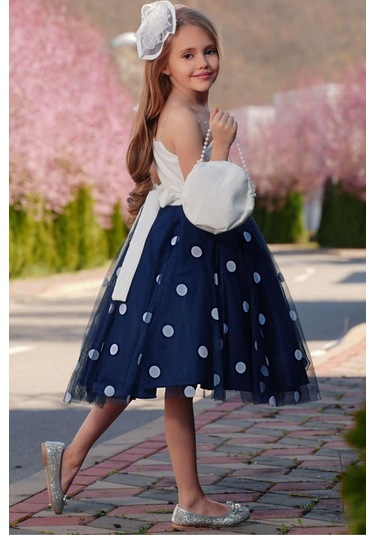 Riccotarz Kız Çocuk Tek Omuzlu Puantiye Detaylı Lacivert Abiye 001