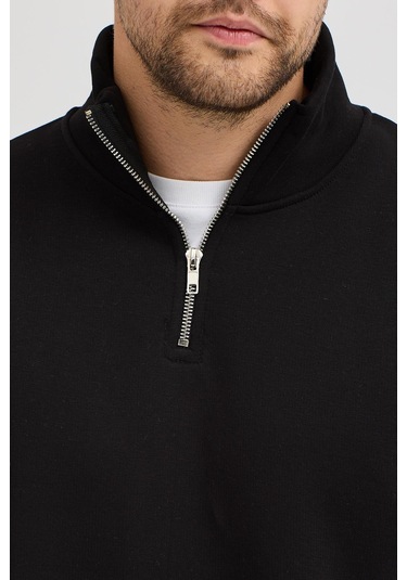 Unisex Regular Fit Rahat Kesim Pamuklu Içi Polarlı Yarım Fermuarlı Siyah Dik Yaka Sweatshirt Siyah