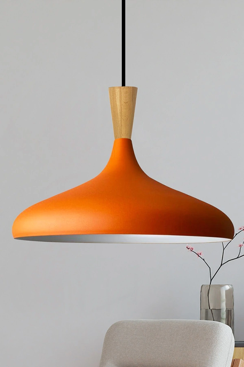 Champion Turuncu Ahşap Huni Tekli Avize Sarkıt Salon Mutfak Cafe Butik Lamba Aydınlatma Avizeler Turuncu