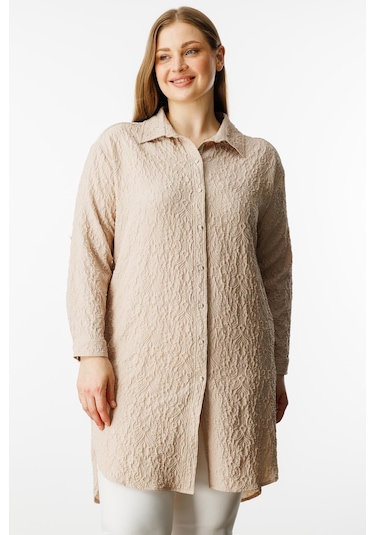 Moda İlgi Kadın Büyük Beden Gofre Kumaş Uzun Tunik 4218 Taş Taş