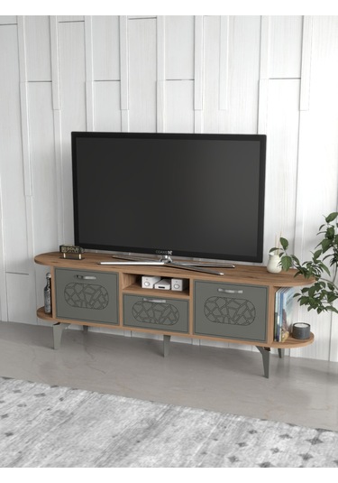 Tv Sehpası Tv Ünitesi Kapaklı Raflı Setro Traverten Çok Renkli