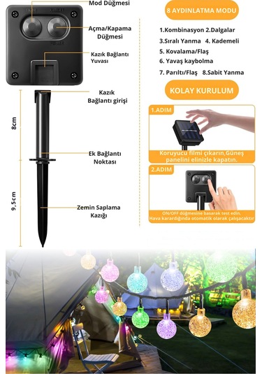 Technosmart 30 Ledli 8 Modlu Solar Kristal Top Rgb Işık Bahçe Aydınlatma Dekorasyon Güneş Enerji