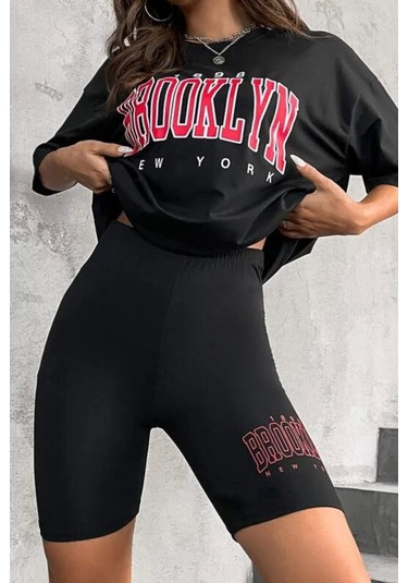 Modagen Kadın Oversize Siyah Brooklyn New York Baskılı Tshirt Tayt Takım Siyahk