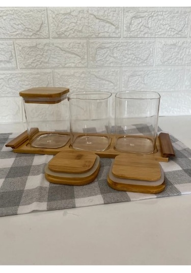 3 Lü Bambu Standlı Kare Kavanoz Seti Baharatlık Seti Baharatlık Bambu