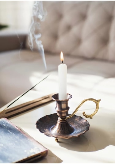 Bakır El Şamdanı Fırfırlı Model Oksitli Kahve Renk Tekli