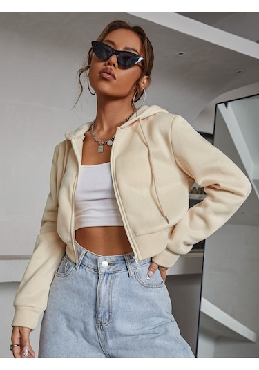 Kadın Kapüşonlu Fermuarlı Crop Hırka Sweatshirt -üç İplik Şardonlu