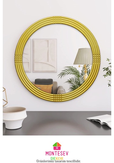 Afir Ahşap Gold Yuvarlak Ayna Işlemeli Duvar Banyo Aynası 69 Cm Gold