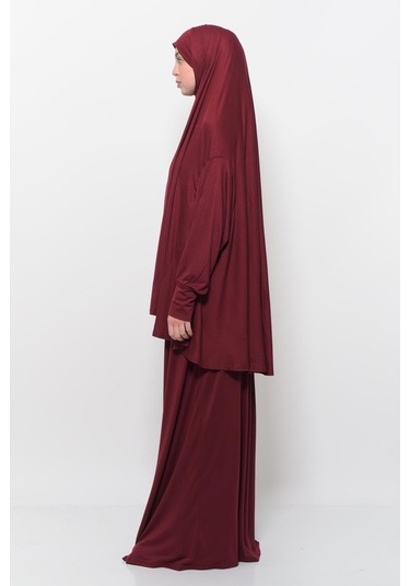 Pratik 2 Parça Pamuklu Yarasa Kollu Başörtülü Tesettür Namaz Elbisesi Koyu Bordo Antrasit