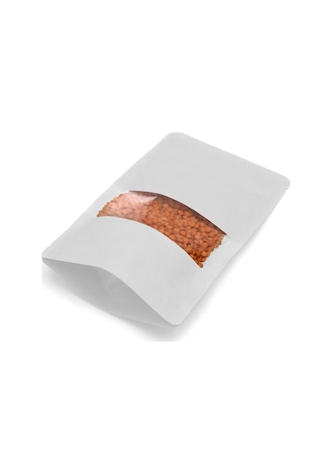 Pencereli Beyaz Kraft Kilitli Doypack Ambalaj 11 X 18,5 + 3,5 Cm. 100 Gr. -1000 Adet