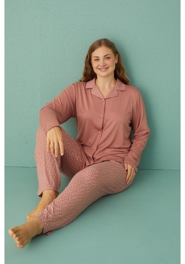 Gd Goldoremi 50851-9 Büyük Beden Kadın Puantiyeli Önden Düğmeli Pijama Takım 001
