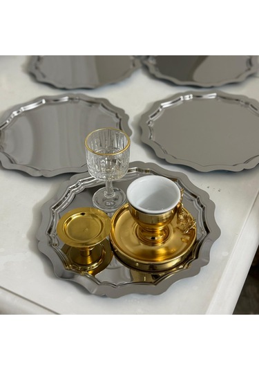 Paslanmaz Çelik Yuvarlak Dalgalı 6 Adet Sunum Tepsisi Gümüş