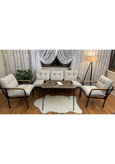 Modern Style Home Modern Kadıköy Balkon, Bahçe, Cafe - Metal Kanepe Koltuk Takımı - 3+1+1+masa Krem Modernk028 Krem