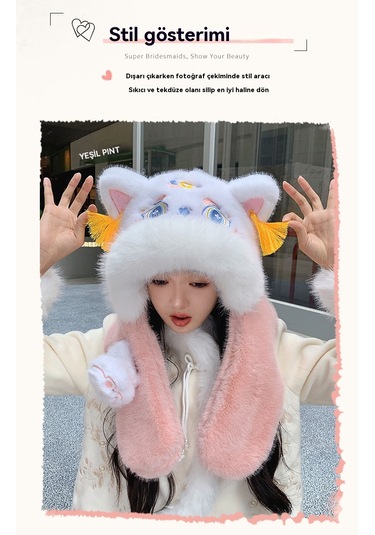 Şık Kışlık Polar Şapka, Kulaklıklı Kalın Ve Sıcak Polar Şapka, Stil 9 Beyaz