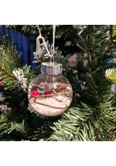 Yılbaşı Ağaç Süsü Karlı Ve Kırmızı Kokinalı 6cm Şeffaf Mika Lüks Ağaç Süsü Tekli