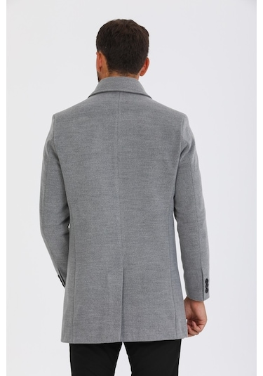 Erkek Açık Gri Dar Kesim Yün Karışımlı Kaşe Gömlek Yaka Kaban-Açık Gri
