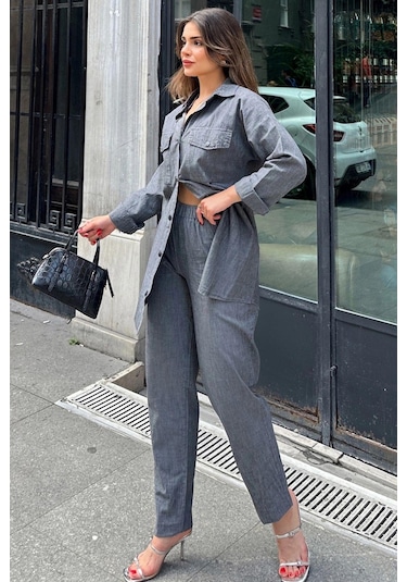 Antrasit Uzun Tunik Gömlek & Beli Lastikikli Rahat Pantolon - Yıkamalı Kot Kumaş Alt Üst Takım Antrasit