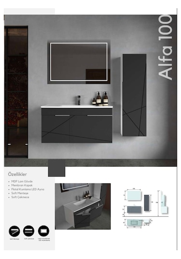Evros Alfa 100 Cm Banyo Dolabı Boy Dolabı Dahil Gri - Siyah