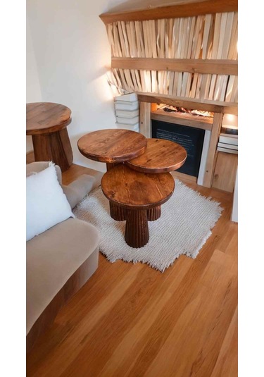 Doğal Ahşap Mantar Sehpa 3 Lü Set Fındık Renk Masif Zigon