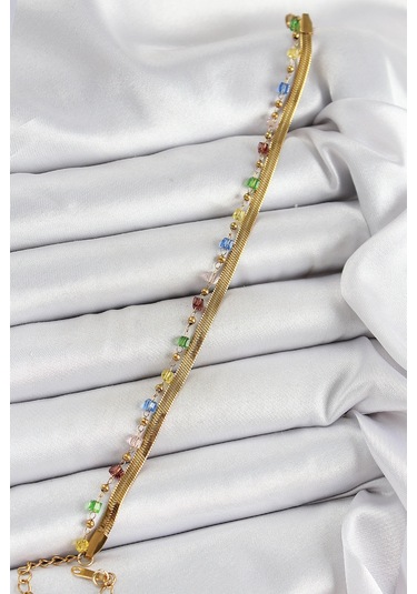 316l Çelik Gold Renk Karışık Renkli Kristal Taşlı Kadın Bileklik Çok Renkli