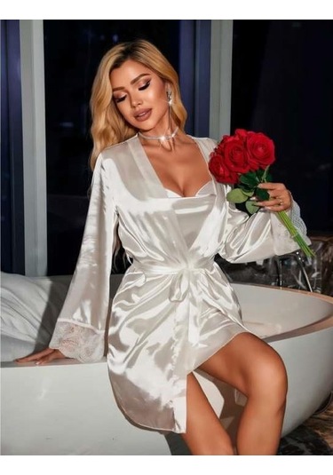 Dantel İşlemeli İnce Askılı Beyaz Saten 2'li Gecelik Sabahlık Takımı Beyaz