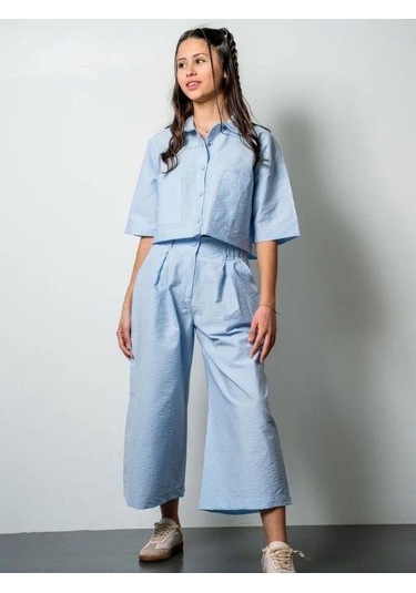 Kız Çocuk Crop Gömlek Poplin Pantolon Takım-15793 Mavi