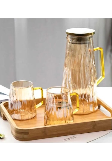 Qerhome Borosilikat Cam Sürahi Takım 2 Bardaklı Elio Gold 1800 Ml