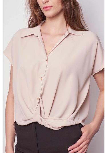 Likrasız Şık Kumaş Yakalı Düşük Omuzlu Önü Pileli Gömlek-bej Bej