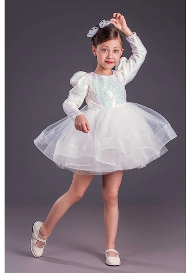 Uzun Kol Balerin Elbise Tütü Etek Pul Payetli Beyaz