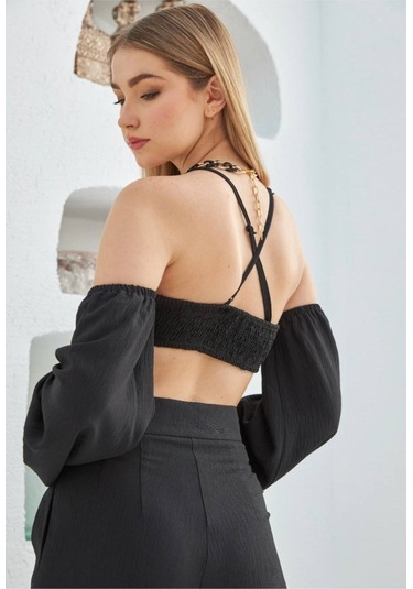 Ispanyol Kol Bağlamalı Şık Crop Bluz Pantolon Takım Siyah Siyah