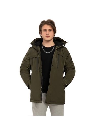 Erkek Polarlı Kürklü Su Ve Rüzgar Geçirmez Kapüşonlu Kışlık Mont & Kaban & Parka Haki