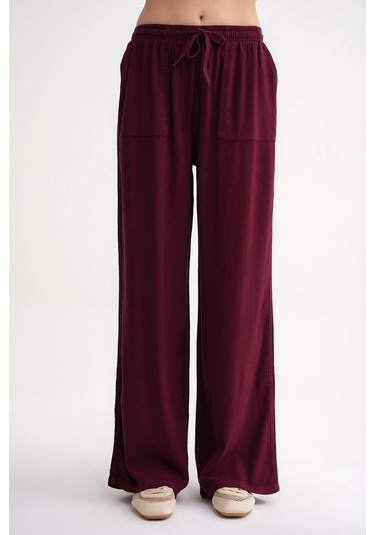 4629 Kadın Bol Paça Yüksek Bel Viskon Palazzo Pantolon Bordo Bordo