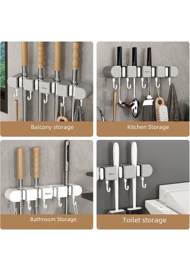 Mufunye Duvar Montajlı Dürtme Yok 4 Klipsli Gri Mop Tutucu - Çok Fonksiyonlu Temizlik Gereçleri Saklama Rafı Diğer