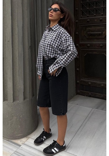 Madmext Siyah Oversize Kareli Kadın Gömlek Mg2822