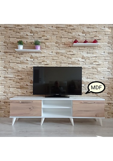 Mobilyasepeti Mobilya Sepeti (Ms 80) Mdf Tv Ünitesi Dolabı,Raflı,Beyaz,Ceviz