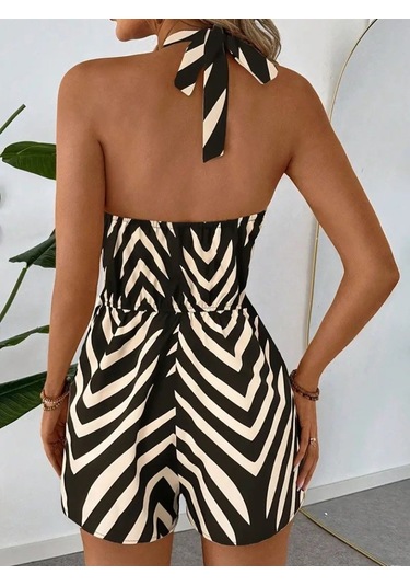 The İstanbul Kadın Boyundan Askılı Halter Yakalı Desenli Süprem Tulum Siyah