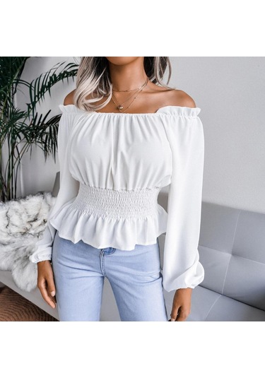 İlkbahar Ve Sonbahar Kadın Bluz Uzun Kollu Seksi Tek Boyun Straplez Hem Fırfır Şifon Bluz Tops Şarap Kırmızısı