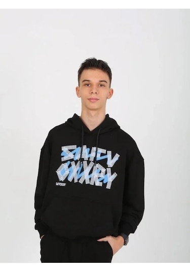 Erkek Çocuk Yazı Detaylı 2 İplik Kapüşonlu Sweatshirt-15229 Siyah