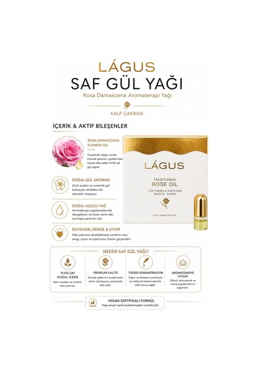 Lágus Saf Gül Yağı Rosa Damascena Aromaterapi Yağı Kalp Çakrası 20 ML