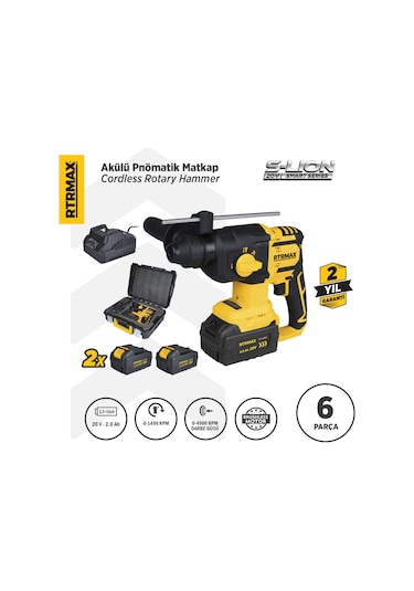 Rtrmax RTS5040 Şarjlı Sds Plus Kırıcı ve Delici Kömürsüz 1.8Jul 26mm 2x4 Ah 20V Çift Akü S-Lion