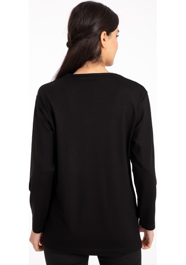 Kadın Orta Yaş ve Üzeri Dört Mevsim V Yaka Rahat Kalıp Likralı Viskoz Anne Penye Bluz 140-Siyah