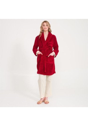 Kadın Welsoft Şal Yaka Polar Sabahlık Bordo